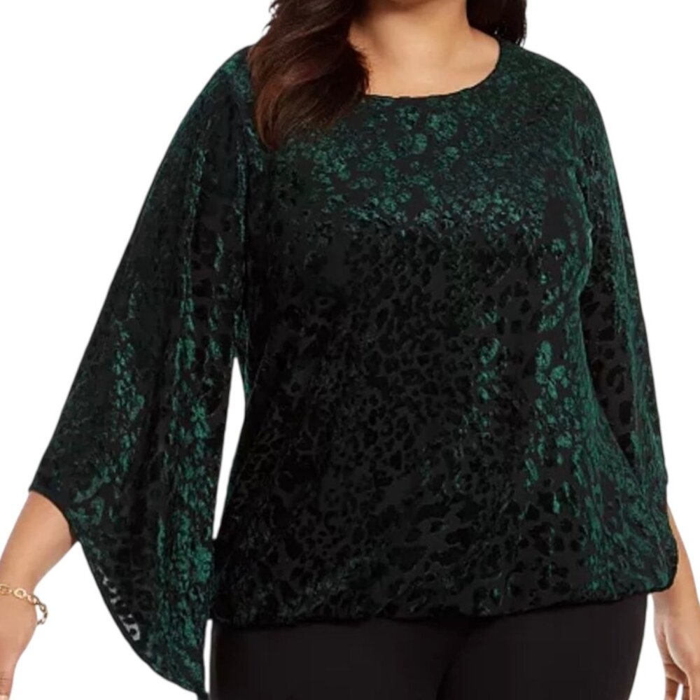 Alfani Green Velvet Burnout Leopard Print Blouse Top‎ (L)